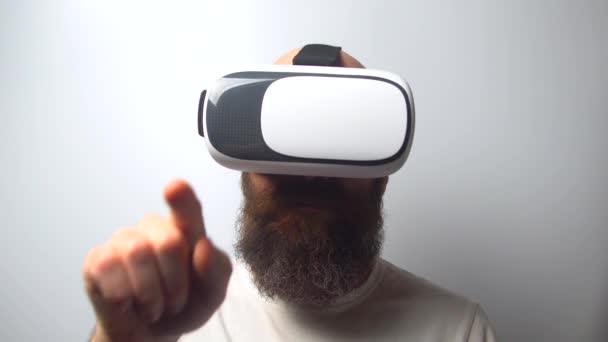 Shot Bearded Man Use Virtual Reality Headset Helmet White Background — Stock Video