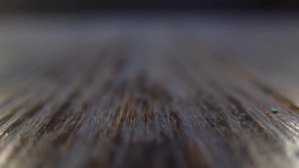 Egy halom euroérme zuhan le fából készült háttérre. Közelkép és lágy fókusz, lassított felvétel — Stock videók