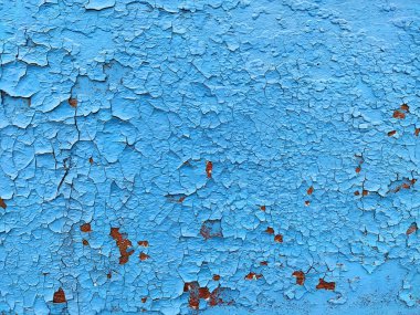 Kırık mavi boyalı paslı metal panel, paslanmış grunge metal arka plan dokusu