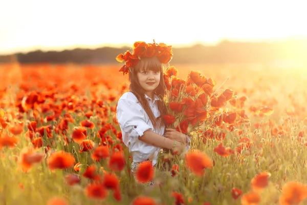 Pequena Menina Bonito Vestido Branco Posando Coroa Flores Sua Cabeça — Fotografia de Stock