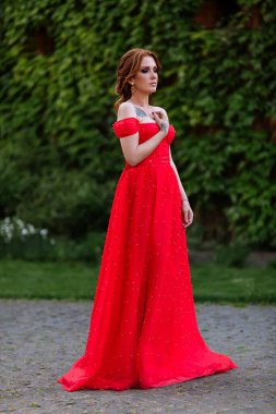 Uzun kırmızı elbiseli çekici kızıl saçlı kadın ve bulanık ortaçağ şatosunun arka planında diadema.