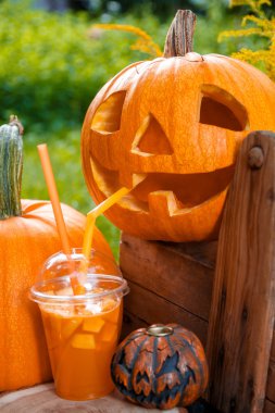 Arka planda kabak dekorasyon yakınında Cadılar Bayramı kokteyli. Bir parti için yumruk. Jack-o-Lantern içiyor. Yakın çekim.