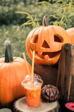 Arka planda kabak dekorasyon yakınında Cadılar Bayramı kokteyli. Bir parti için yumruk. Jack-o-Fener. Tonlu fotoğraf. Yakın çekim.