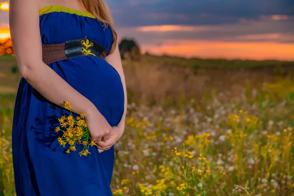 Hamil perut dengan gaun biru dengan bunga karangan bunga di tangan luar. Matahari terbenam . — Stok Foto