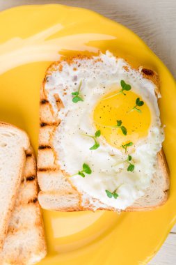 Yumurta beyaz ahşap zemin üzerine sarı plaka ile tost. Sağlıklı kahvaltı. Uzay kopyalayın. Üstten Görünüm.