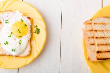 Yumurta beyaz ahşap zemin üzerinde mikro-yeşillik ile sarı plaka ile tost. Sağlıklı kahvaltı. Üstten Görünüm. Kopya alanı.