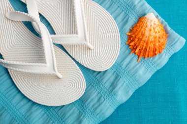 Beyaz flip flop yakınındaki seashell mavi zemin üzerine. Üstten Görünüm.