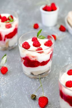 Tiramisu ahududu gri arka plan üzerine gözlük ile. Üç bölümü. İtalyan tatlı