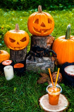 Arka planda balkabağı süslemesi olan Cadılar Bayramı kokteyli. Parti için yumruk. Jack-o-Fener. 