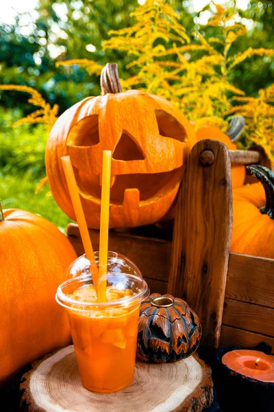 Halloween pumpkins dekorasyon zemin üzerine yakınındaki kokteyl. Bir partisi için kokteyl. Jack-o-Lantern. 