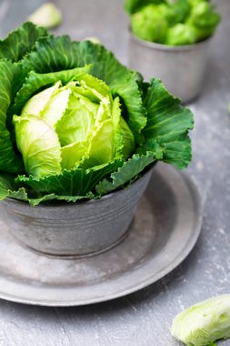 Metal plaka gri arka plan üzerinde taze yeşil lahana. Yakın çekim