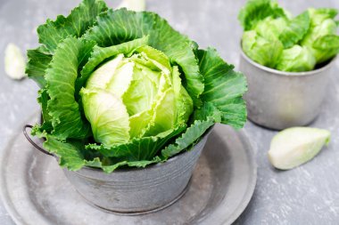 Metal plaka gri arka plan üzerinde taze yeşil lahana. Yakın çekim