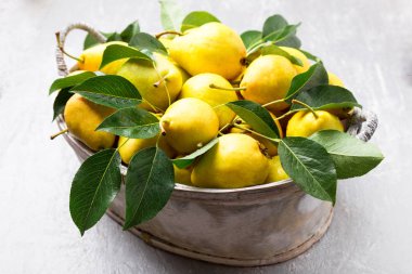 Sarı armut gri arka planda gri sepet içinde. Hasat. Yakın çekim. Armut dolu kutu.