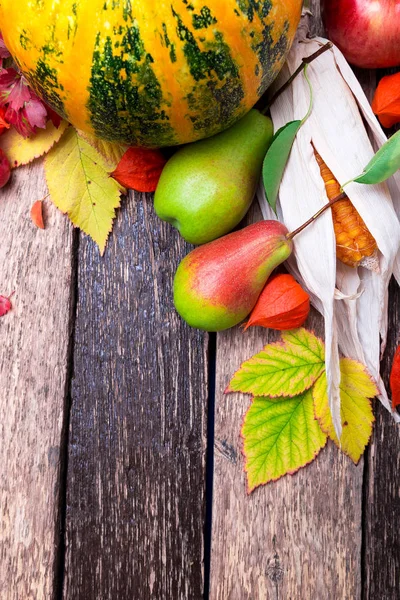 感謝祭の背景に秋の果実、素朴な木製のテーブルにひょうたん。秋の収穫。平面図です。領域をコピーします。感謝祭フレーム — ストック写真