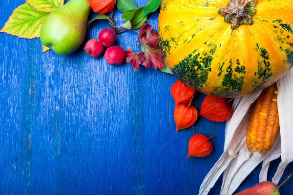 感謝祭の背景に秋の果実、青い素朴な木製のテーブルにひょうたん。秋の収穫。平面図です。領域をコピーします。感謝祭フレーム — ストック写真