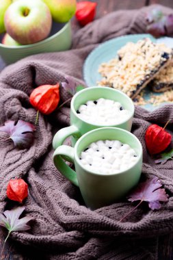 İki fincan kahve ya da sıcak çikolata hatmi örme battaniye ve pasta ile. Sonbahar kavramı. Noel.