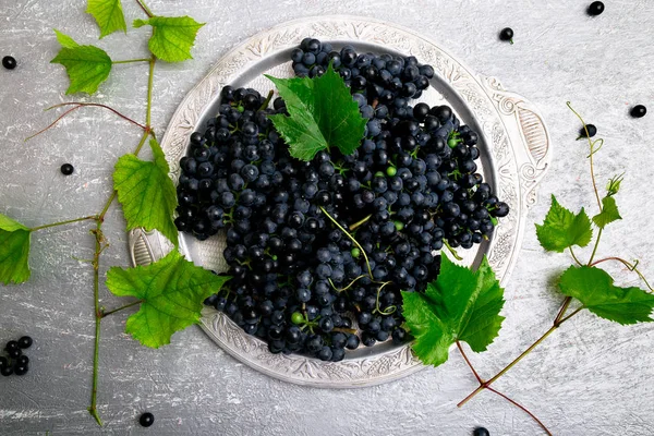 Röda vindruvor i silverbricka på grå bakgrund. Ovanifrån. Kopiera utrymme. — Stockfoto