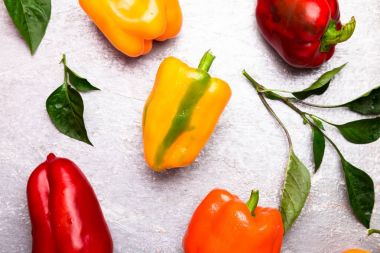 Kırmızı, turuncu ve sarı biber gri arka plan üzerinde. Sağlıklı organik sebze. Üstten Görünüm. Sanat sınır tasarlamak. Çerçeve