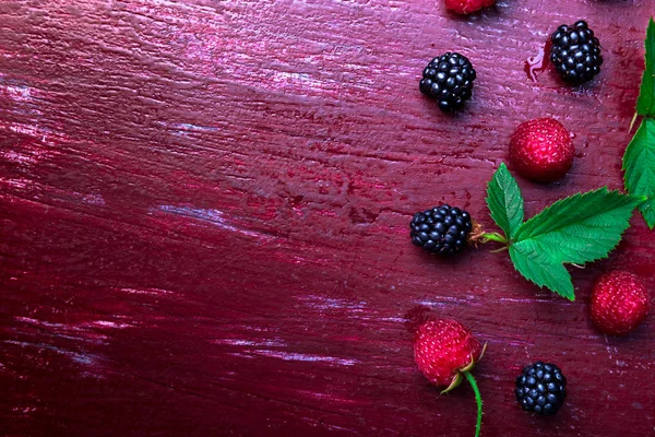Blackberry y frambuesa sobre fondo rojo de madera. Vista superior. Una trampa. Puesta plana —  Fotos de Stock