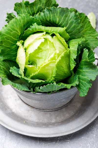Φρέσκο πράσινο λάχανο στη μεταλλική πλάκα σε γκρι φόντο. Κοντινό πλάνο. — Φωτογραφία Αρχείου