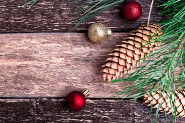 Mutlu Noeller yeni yıl kompozisyon rustik arka plan. Düz Lay.