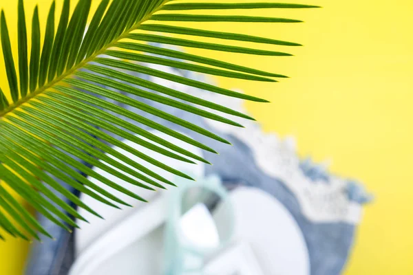 Tropischen Hintergrund Palmen Zweige mit verschwommenen Satz von Damensachen Accessoires zur Strandsaison. — Stockfoto