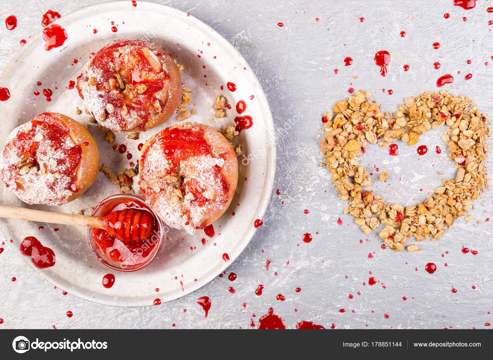 Red Baked Apples Stuffed Cottage Cheese And Granola With Jam
