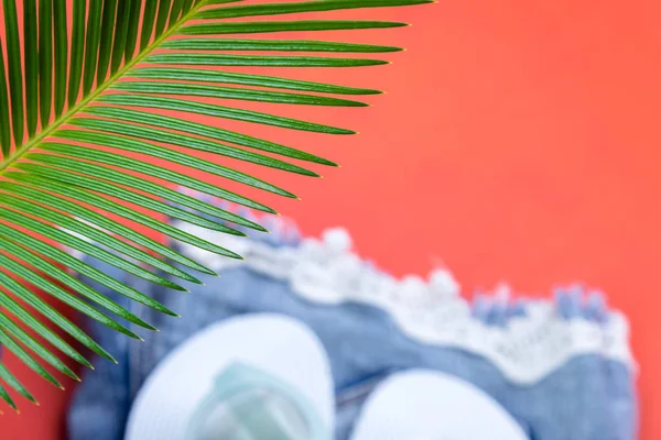 Tropischen Hintergrund Palmen Zweige mit verschwommenen Satz von Damensachen Accessoires zur Strandsaison. — Stockfoto