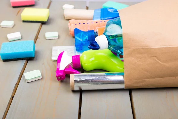 Full paper bag of different house cleaning product — Stock Photo, Image