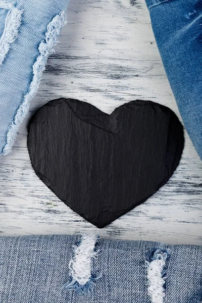 Denim Vaqueros Textura Fondo Día San Valentín Corazón Pizarra Piedra — Foto de Stock