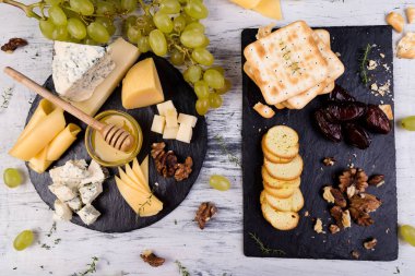 Peynir tabağı. Ceviz, peynirli ürün yelpazesine bir bal taşı kayrak plaka üzerinde ekmek.