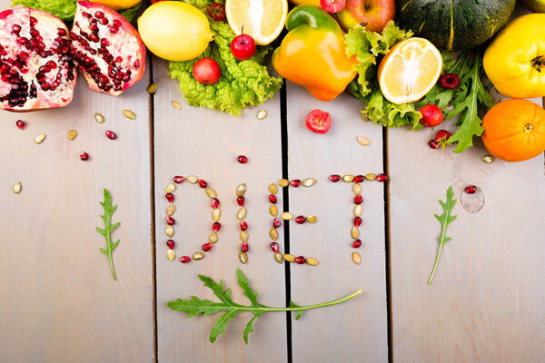 Word diet is made from fruite and vegetables. Healthy vegan diet raw food.