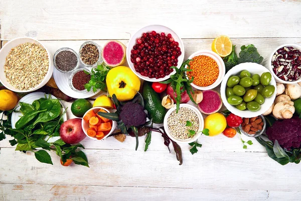 Fundo Comida Equilibrada Alimentos Orgânicos Para Nutrição Saudável Backgound Madeira — Fotografia de Stock