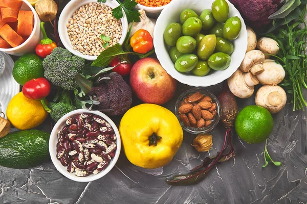 Latar Belakang Makanan Seimbang Makanan Organik Untuk Nutrisi Sehat Pada — Stok Foto