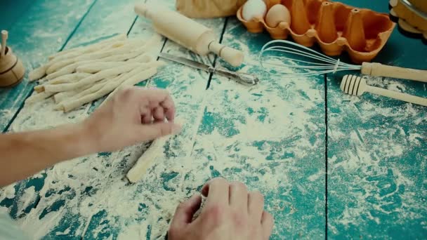 Baker Hands Preparing Fresh Dough Rolling Pin Kitchen Table Man — Stock Video
