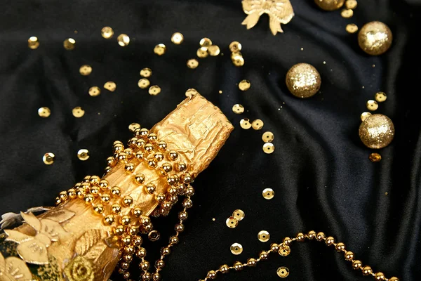 Gold Champagne Bottle Confetti Stars Party Streamers Festive Black Background Stock Photo