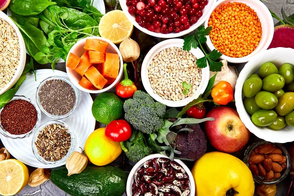 Fondo Alimentario Equilibrado Alimento Orgánico Para Una Nutrición Saludable Vista —  Fotos de Stock
