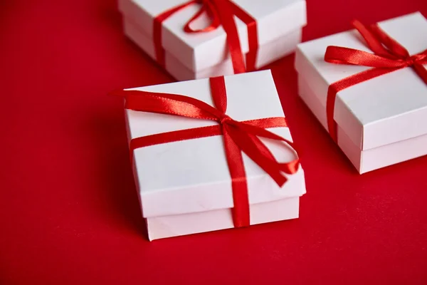 Luxury White Gift Boxes Red Ribbon Red Background Valentine Day Royalty Free Stock Images