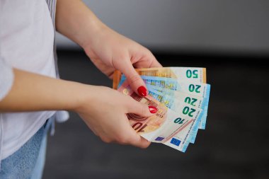 Avro parasını sayan kadın elleri. İş, finans, tasarruf, bankacılık ve insan kavramı. 
