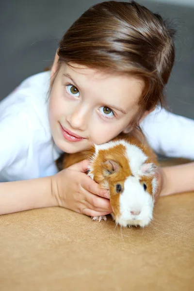 Retrato Una Niña Feliz Sonriente Abrazando Conejillo Indias Rojo Adorable —  Fotos de Stock