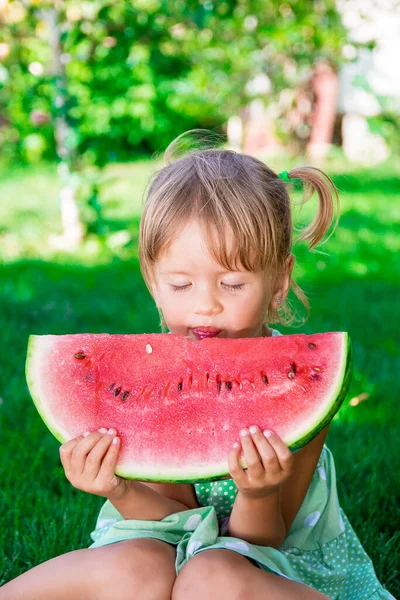 Happy Little Blonde Girl Big Slice Watermelon Summer Time Park — Stock Photo, Image