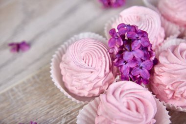 Leylak çiçeklerinin yanındaki kuşüzümlü üzümden gelen ev yapımı mor krema. Zephyr 'den arkaplan, üst görünüm, kopyalama alanı. Düz yatıyordu.