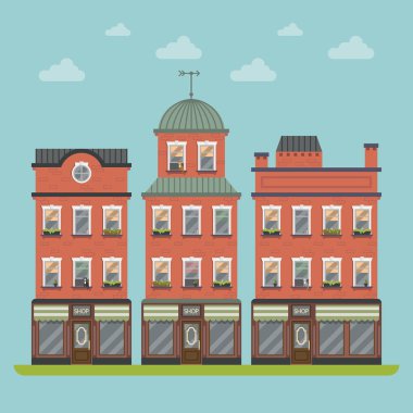 Şehir binaları mağazaları ile. Vektör çizim
