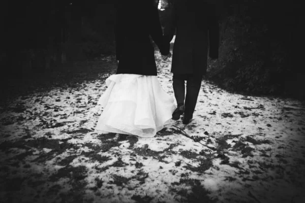 wedding couple walking in winter with snow on the ground, black and white