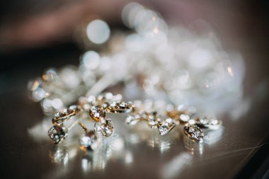 Bir gelinin fotoğrafı. Masadaki saç aksesuarı.