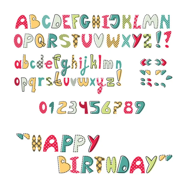 ABC lumineux pour les enfants, alphabet et chiffres majuscules et minuscules. Couleur fantaisie . — Image vectorielle