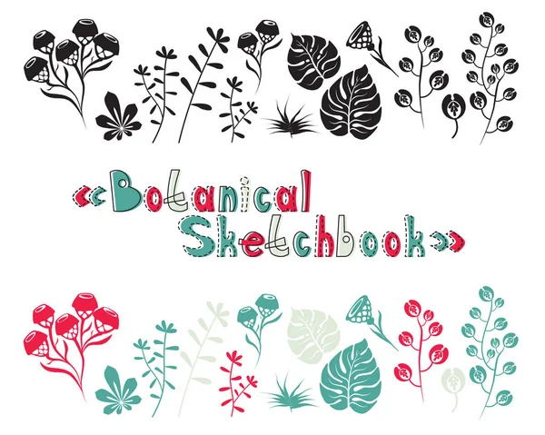 Elementos botánicos conjunto vectorial, formas simples, silueta negra y colores modernos diseño de flores. Letras de fuente de concepto vectorial: Cuaderno de bocetos botánico . — Vector de stock