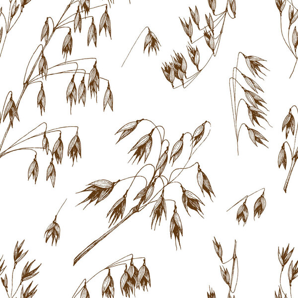 Oats spikelet seamless pattern sketch hand drawn vector background, grain and stems isolated vintage for the bakery shop or menu. Cereal theme.