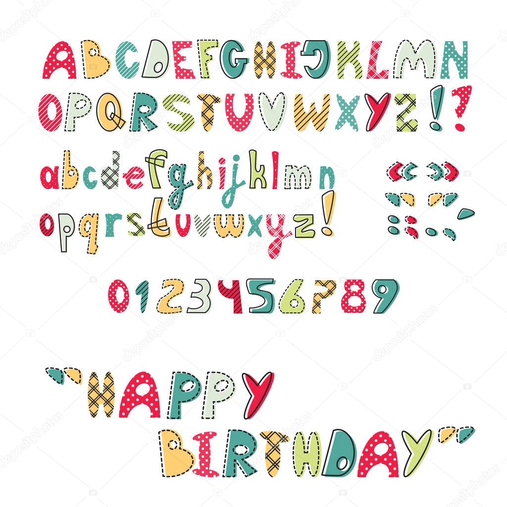 Bright ABC for kids, uppercase and lowercase alphabet and numbers. Fancy color.