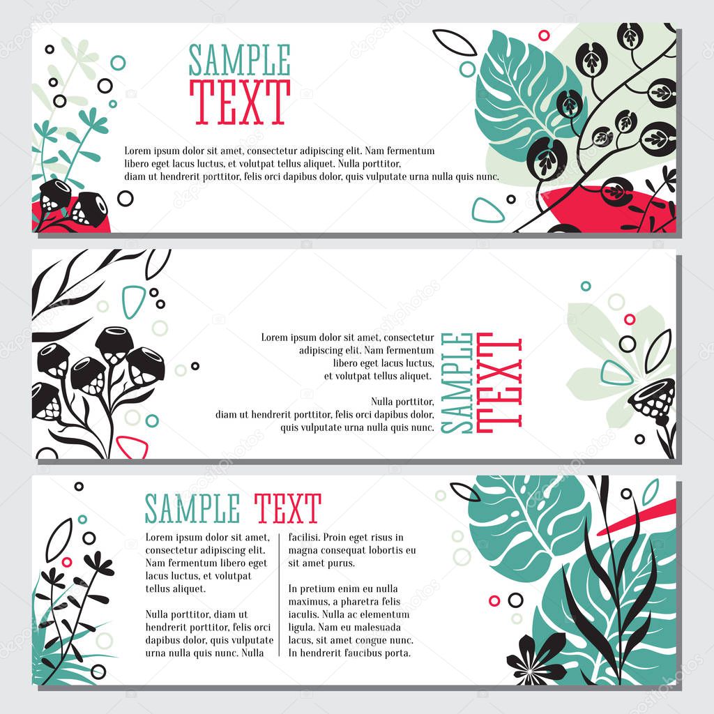 Vector set of banners, floral design and botanical elements, flowers, plants, hand drawn decorative graphic isolated illustrations. Trend colors, bright design.